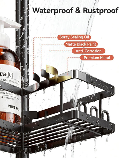 YASONIC Corner Shower Caddy Tension Pole, 25.7-109.1in Adjustable Shower Shelves, Rust-Resistant Shower Organizer, No-Drill 3-Step Installation, Bathroom Shelves for Renters & Family, Black