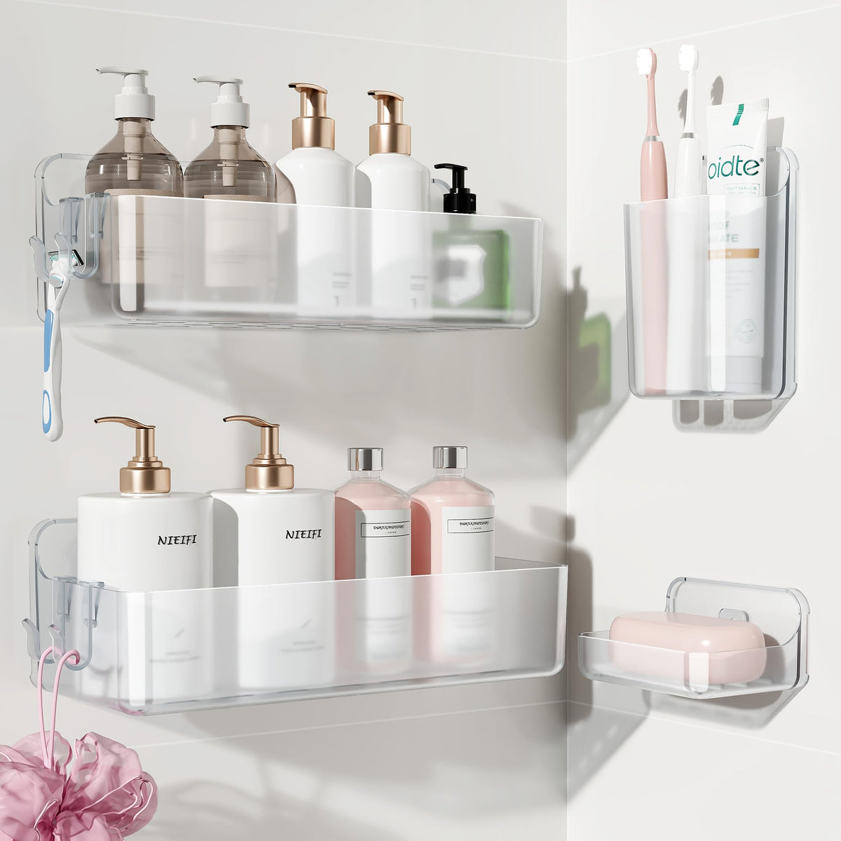 Nieifi Adhesive Shower Shelves, Clear, 5 Pieces
