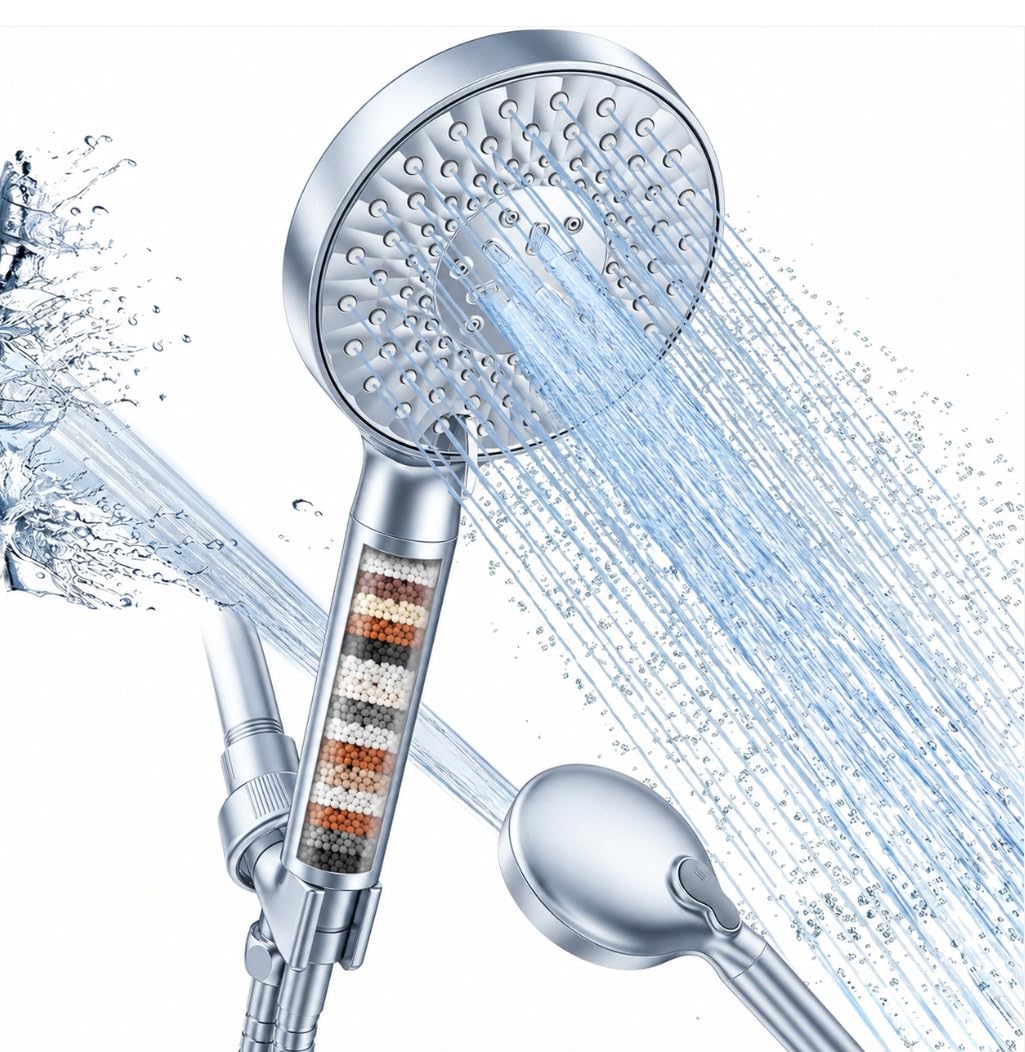 SR SUN RISE Filtered Shower Head with Handheld High Pressure 9 Spray Mode Showerhead Detachable Shower Head Water Softener Filters Beads for Hard Water Remove Chlorine 1 Filter Bright Silver