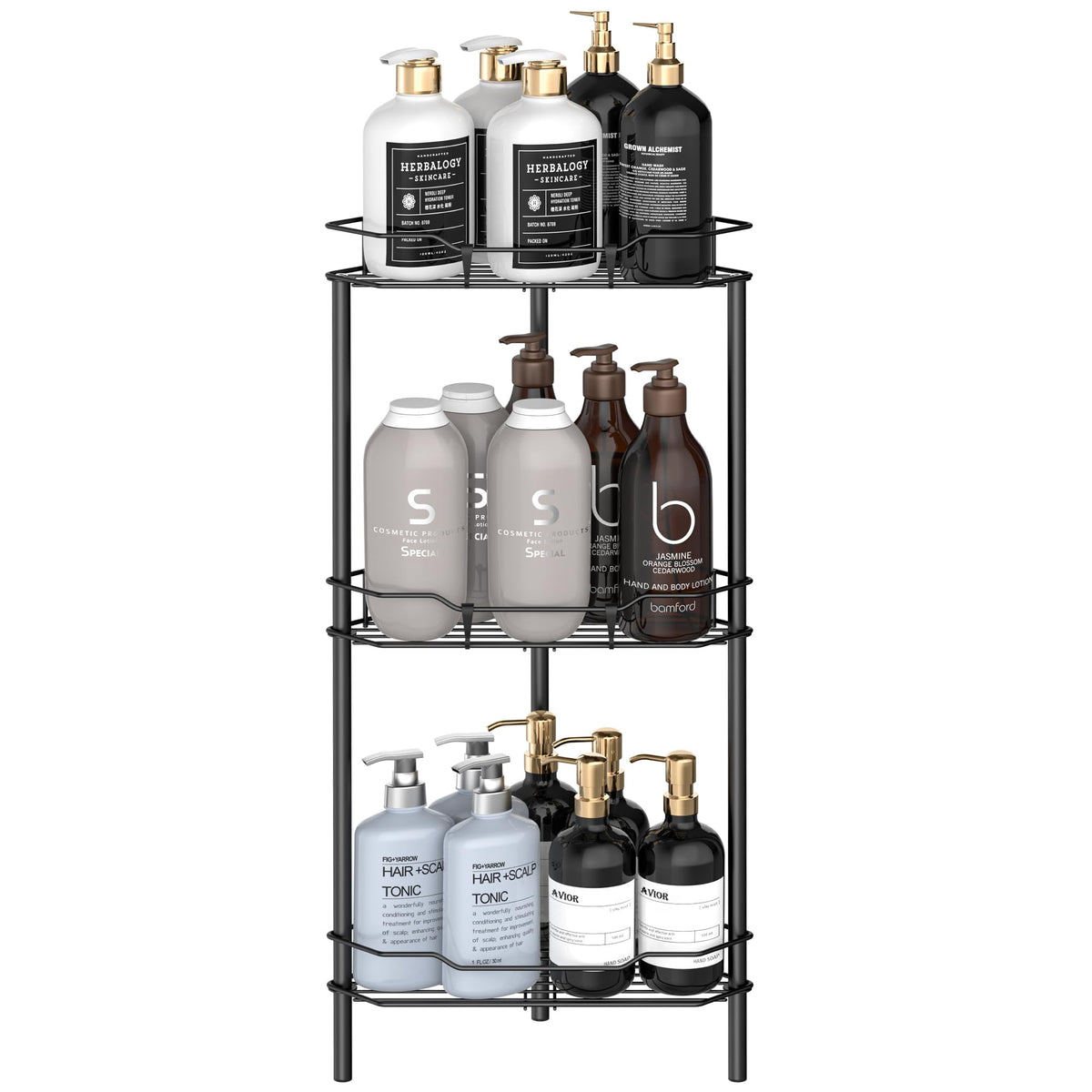 HuggieGems 4 Tier Floor Standing Corner Shower Caddy Organizer Shelf with Hooks, Bathroom Shelves Stand Rack, Black