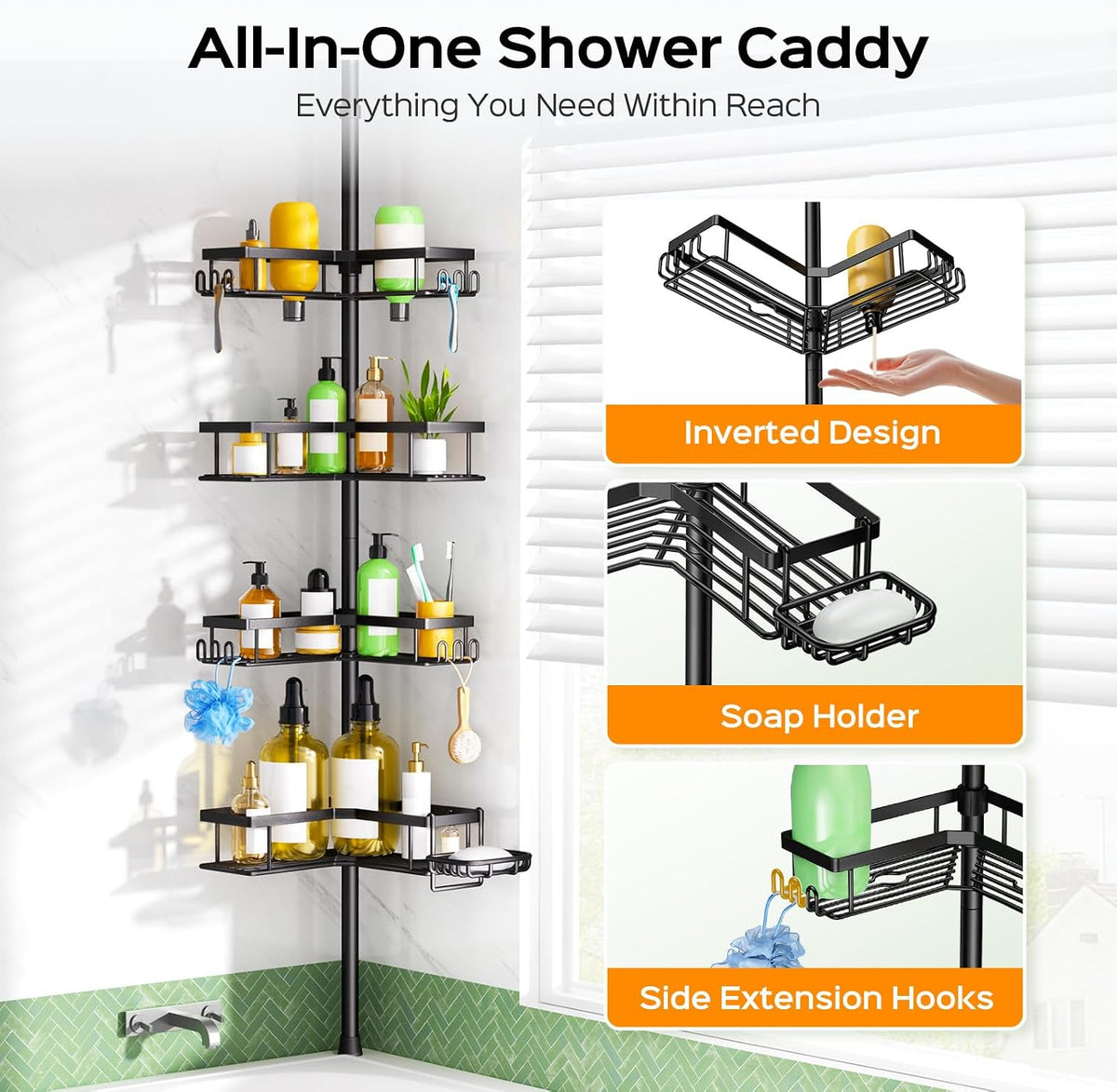 HAMITOR Shower Caddy Tension Pole: Corner Bathroom Organizer for Renters