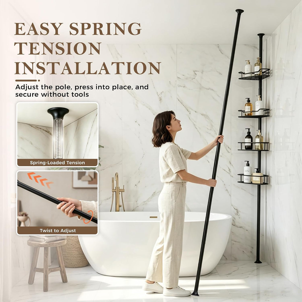Corner Shower Caddy Tension Pole, Bathroom Organizer for Renters
