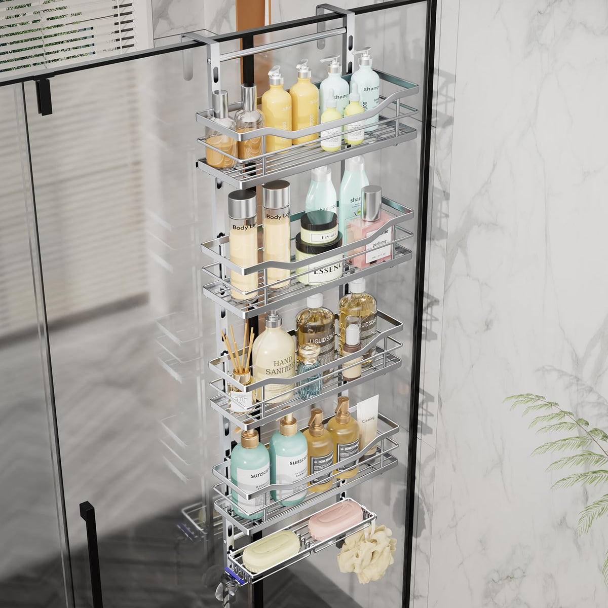 SWTYMIKI Over the Door Shower Caddy - 3 Tier Adjustable Shower Organizer Hanging with Soap Holder, No Drilling Stainless Steel Bathroom Rack Hanging for Body Wash, Shampoo, Soap, Razor, Black