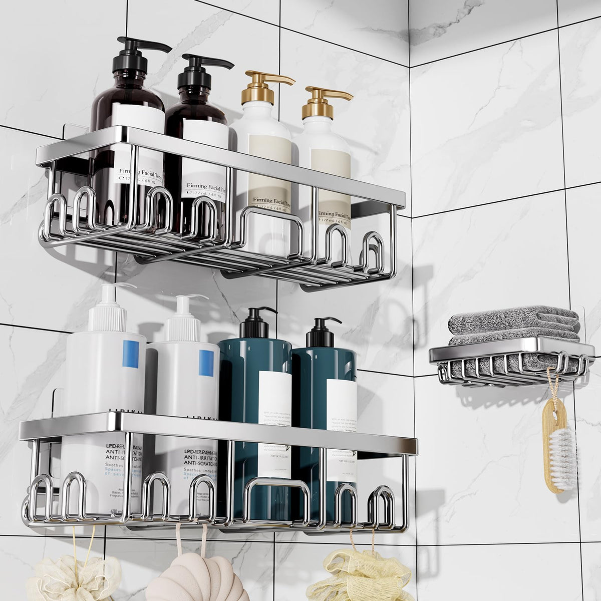 Veken Shower Caddy 6-Pack with Hooks, Bathroom Organizers & Storage, Black