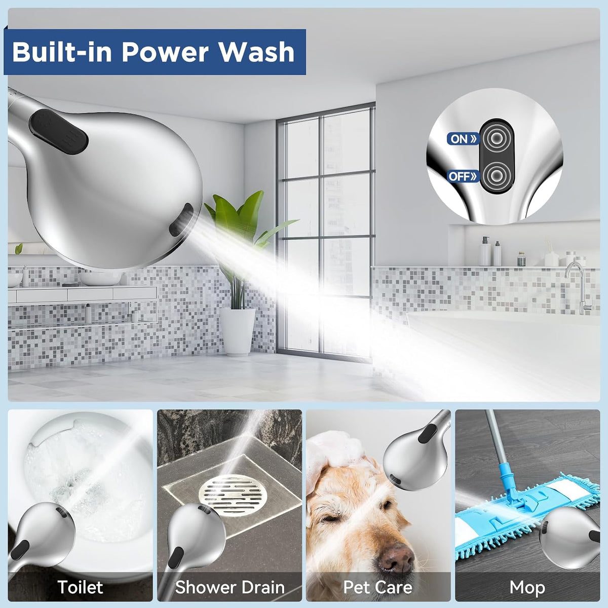 HOPOPRO 7-Setting Handheld Shower Head with Built-in Power Wash, Polished ABS Chrome, 71-Inch Stainless Steel Hose, 360 Rotatable Brass Overhead Bracket, Anti-Leakage Teflon Tape