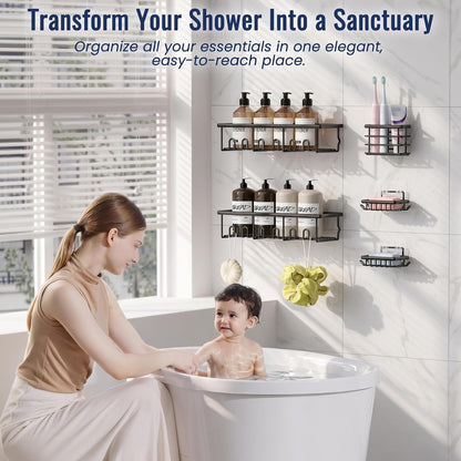 5 Pack Adhesive Bathroom Holders & Dispensers for Kids & Adults, Black
