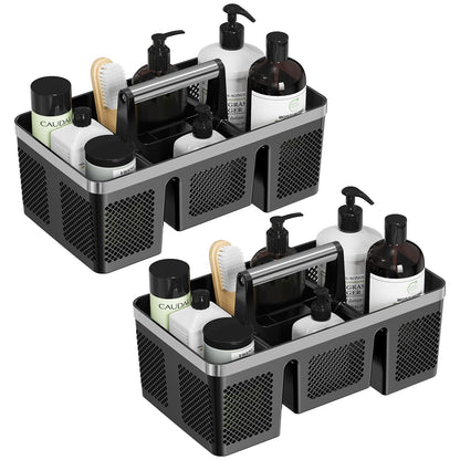 BYUNER Plastic Shower Caddy Dorm: Portable Cleaning & Shower Caddy with Handle, 4 Divided Compartments, All-Side Drainage, Rigid Plastic Basket Tote for College Dorm & Bathroom Use, Black/Silver