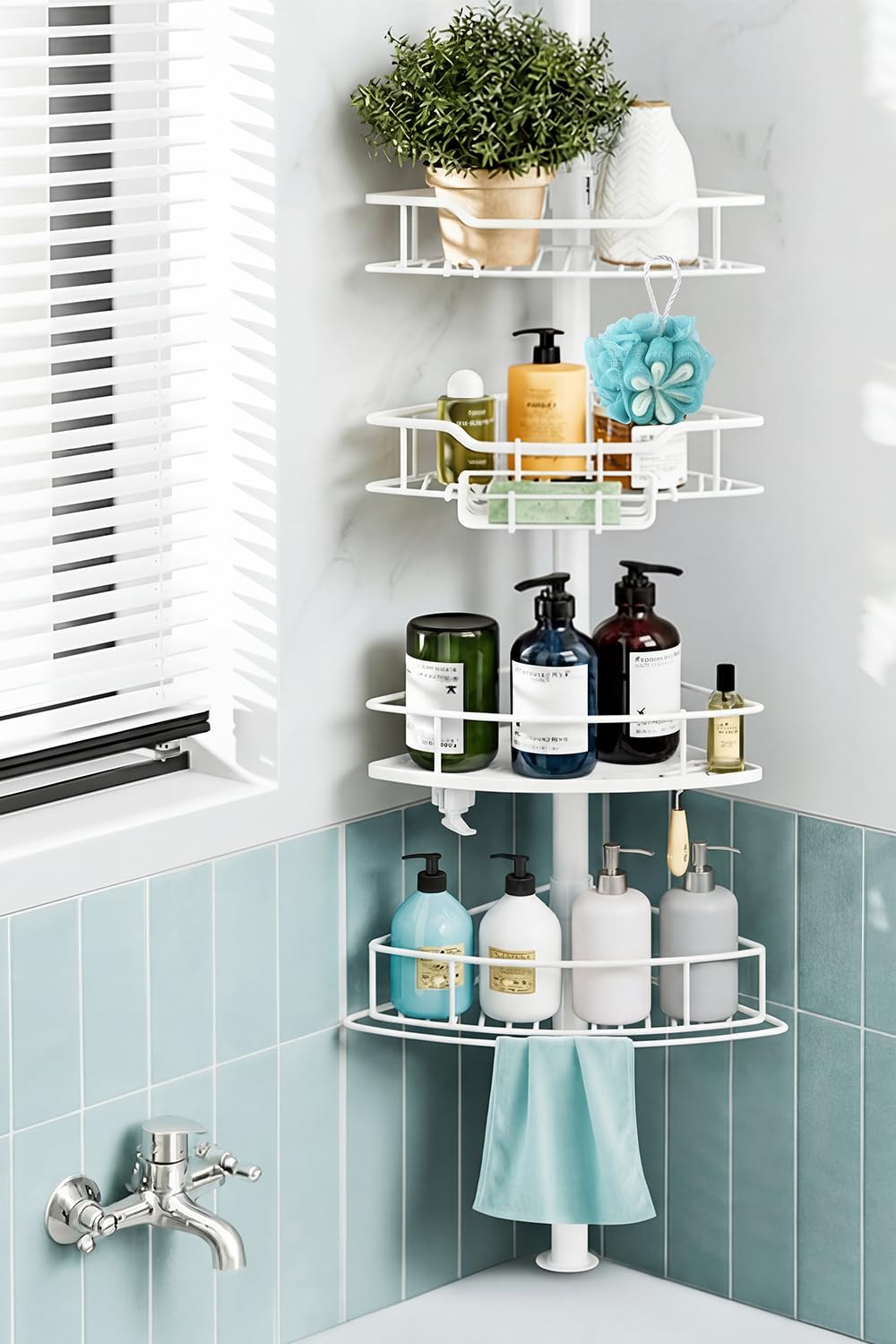 Corner Shower Caddy Tension Pole, 4 Tier Rustproof Shower Tension Rod Organizer, Adjustable 25-125 Inch Bathroom Shower Organizer Shelves for Bathtub Shampoo Storage, Black