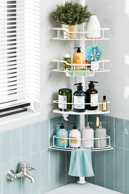 Corner Shower Caddy Tension Pole, 4 Tier Rustproof Shower Tension Rod Organizer, Adjustable 25-125 Inch Bathroom Shower Organizer Shelves for Bathtub Shampoo Storage, Black