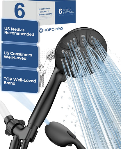 HOPOPRO 7-Setting Handheld Shower Head with Built-in Power Wash, Polished ABS Chrome, 71-Inch Stainless Steel Hose, 360 Rotatable Brass Overhead Bracket, Anti-Leakage Teflon Tape