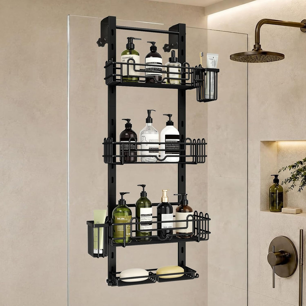 HapiRm Over the Door Shower Caddy - 4-Tier Hanging Shower Organizer with 22 Hooks and 2 Toothbrush Holders, No Drilling Adjustable Hanging Shelves for Bathroom - Black