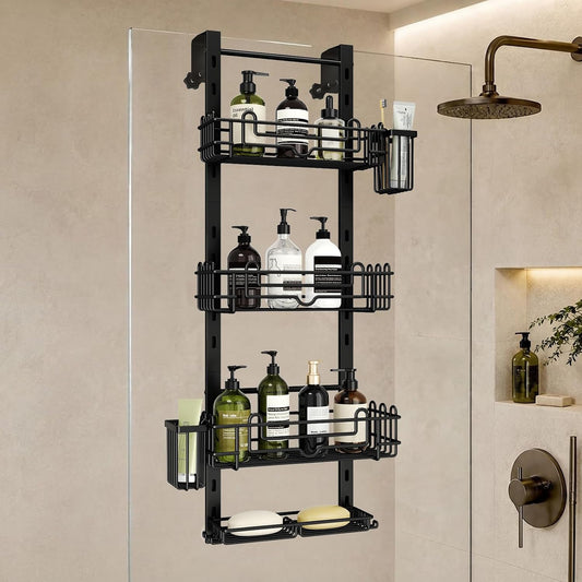 HapiRm Over the Door Shower Caddy - 4-Tier Hanging Shower Organizer with 22 Hooks and 2 Toothbrush Holders, No Drilling Adjustable Hanging Shelves for Bathroom - Black