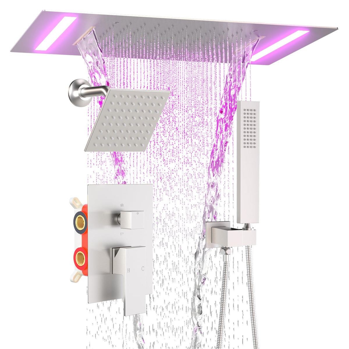 ENGA Dual Rain Shower Head System, 2 In 1 Functions Ceiling Mount 14x20inch LED Shower Head with 6 Inch Shower Head, Rainfall Waterfall Shower Faucet Set, Matte Black