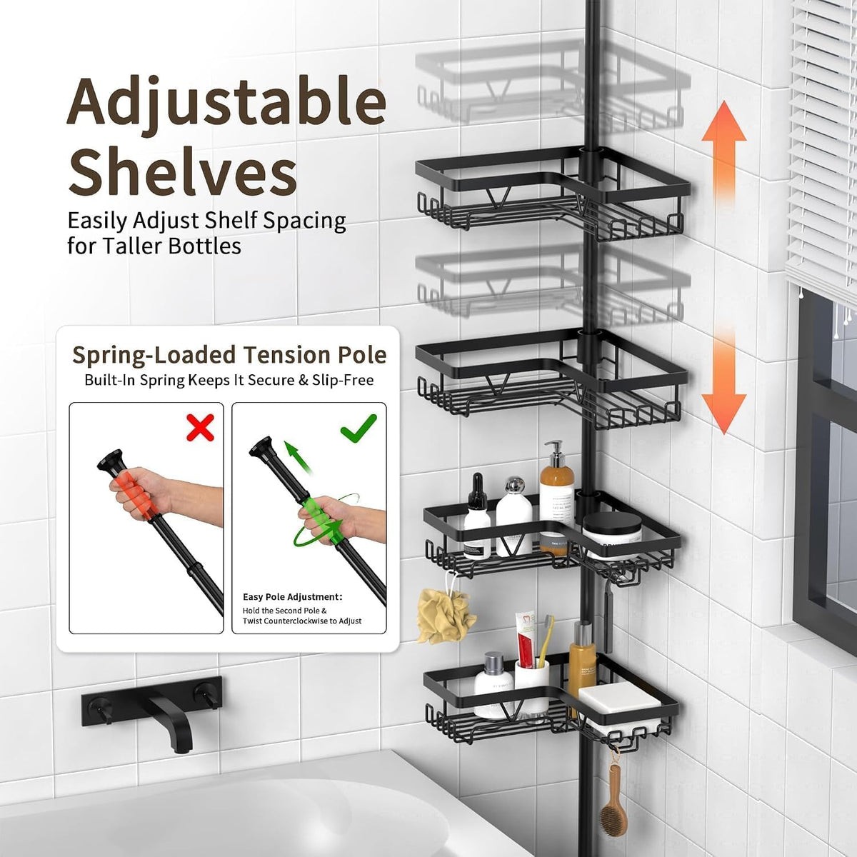 KEGII Corner Shower Caddy Tension Pole, Large Capacity Bathroom Organizer