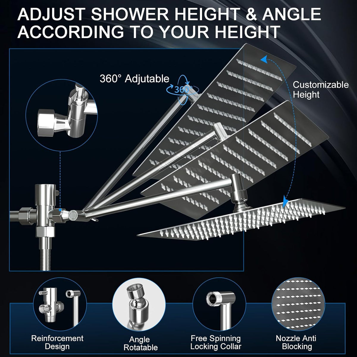 Shower Head, Rain Shower Head with Handheld Spray Combo, 10 Inch Adjustable High Pressure Rainfall Shower Head, Dual Showerhead Set with Extension Arm and 60 Inch Long Shower Hose (Silver)