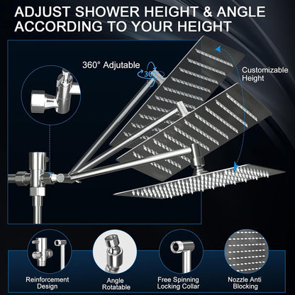 Shower Head, Rain Shower Head with Handheld Spray Combo, 10 Inch Adjustable High Pressure Rainfall Shower Head, Dual Showerhead Set with Extension Arm and 60 Inch Long Shower Hose (Silver)