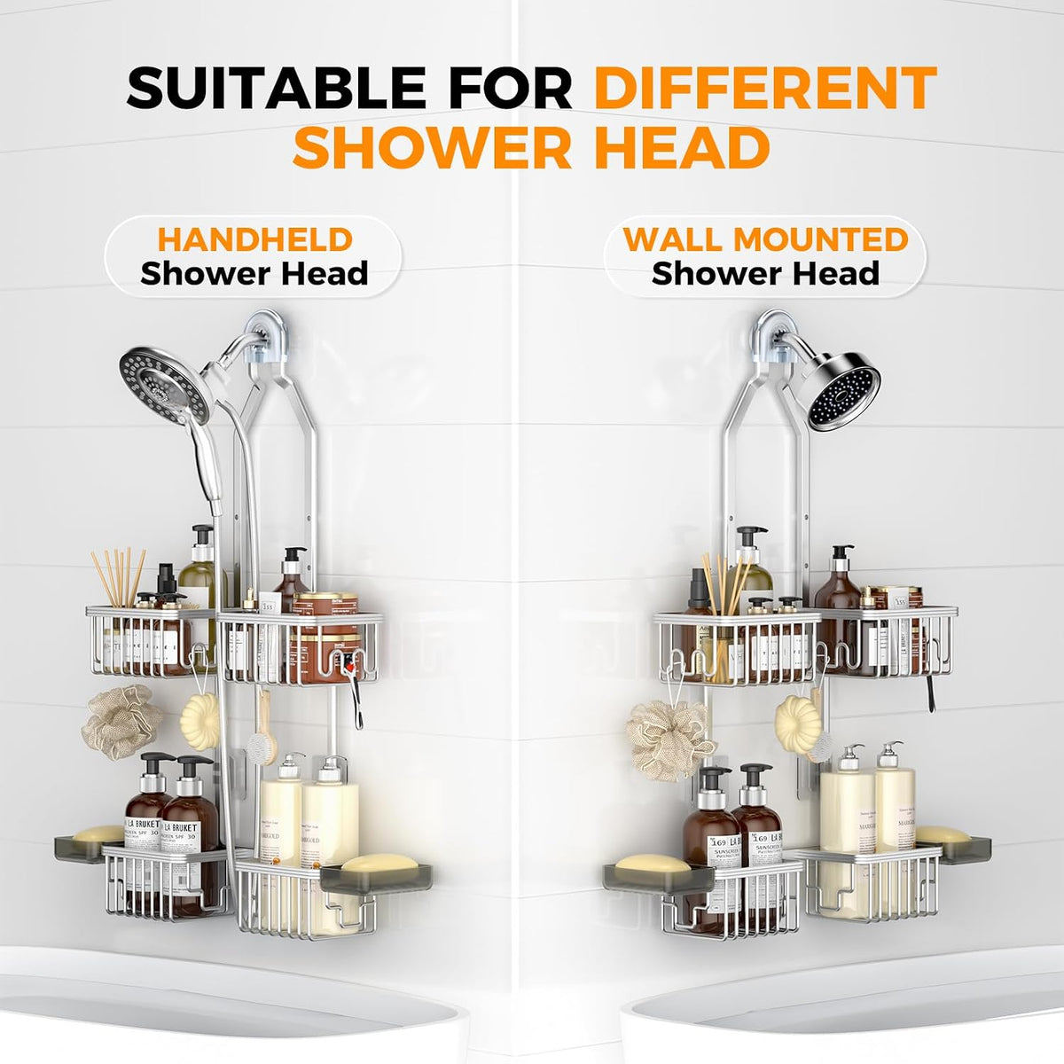 Adjustable Aluminum Shower Caddy Hanging for Handheld Showerhead, Silver