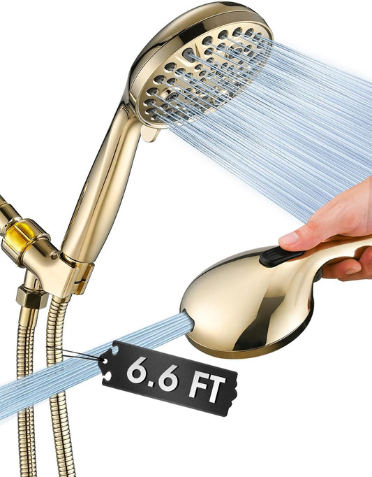 High Pressure 10 Setting Handheld Shower Head, 5" Detachable Showerhead Spray Built-in Power Wash to Clean Tub, Tile & Pets, 79" Extra Long Stainless Steel Hose, Adjustable Bracket - Gold