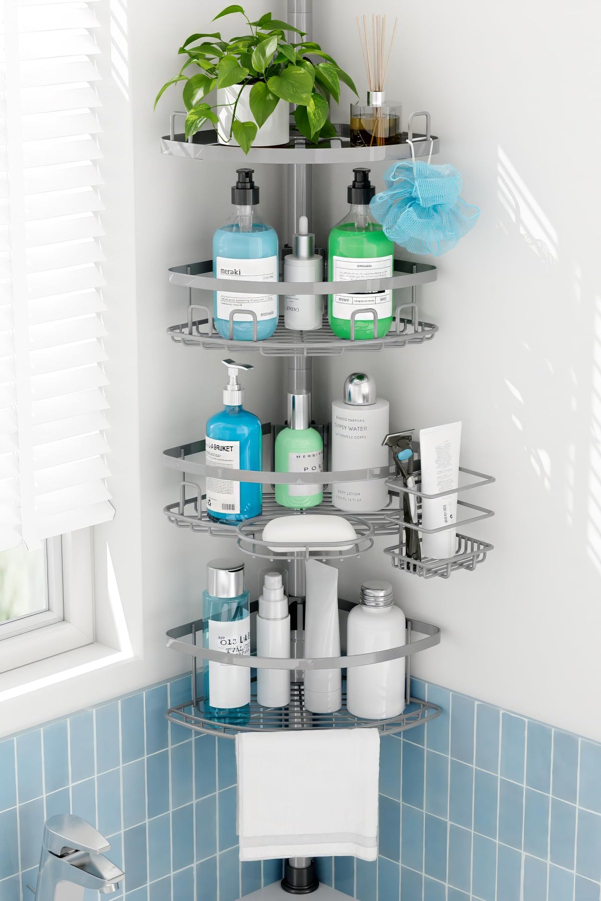 Corner Shower Caddy Tension Pole, 4 Tier Rustproof Shower Tension Rod Organizer, Adjustable 25-125 Inch Bathroom Shower Organizer Shelves for Bathtub Shampoo Storage, Black