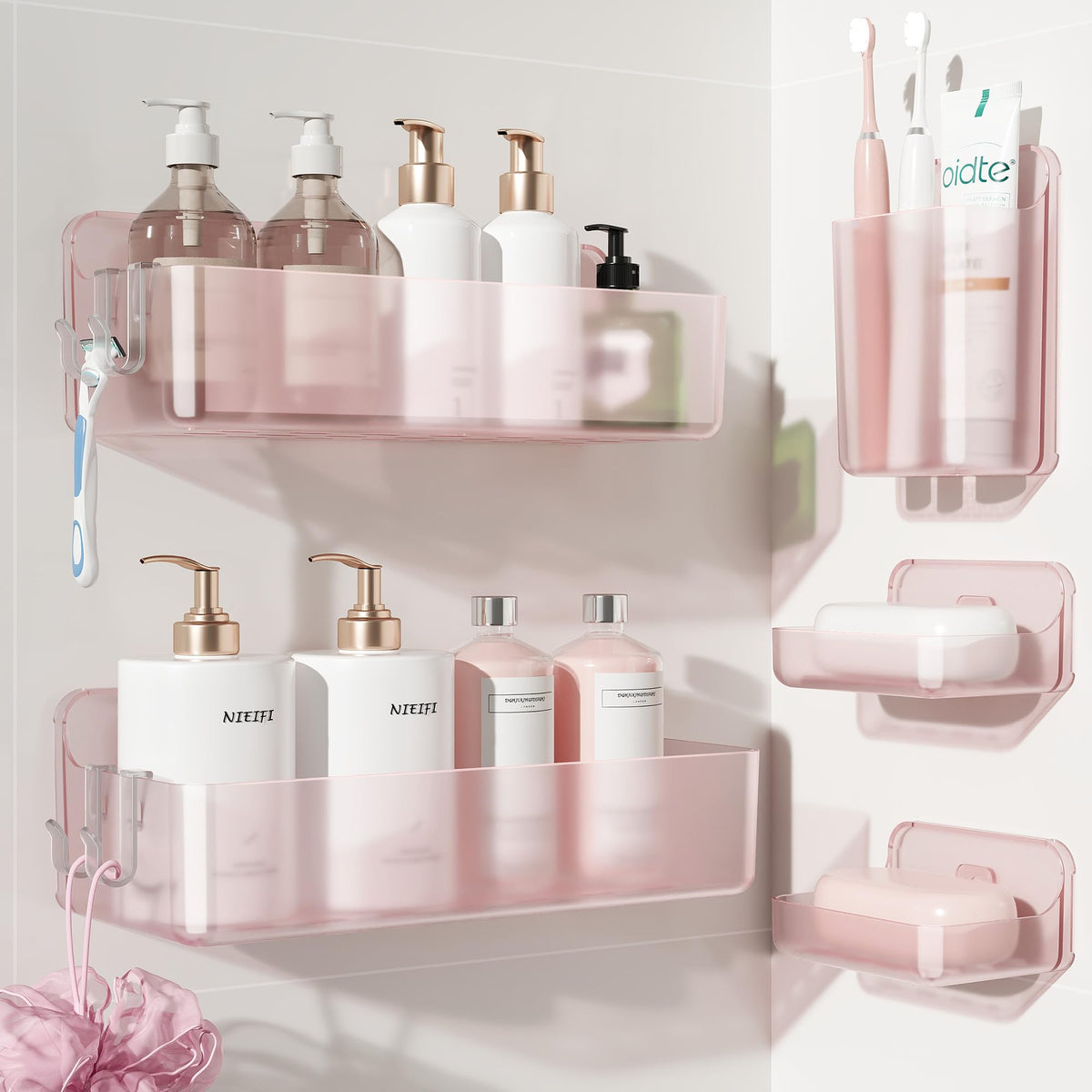 Nieifi Adhesive Shower Shelves, Clear, 5 Pieces