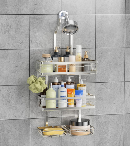 OMAIRA Shower Caddy Hanging Over the Shower Head - Rustproof Shower Organizer Hanging with Soap Scrub Holder, Non-Slip Stainless Steel Bathroom Storage Rack & Shelves, No Drilling, Black