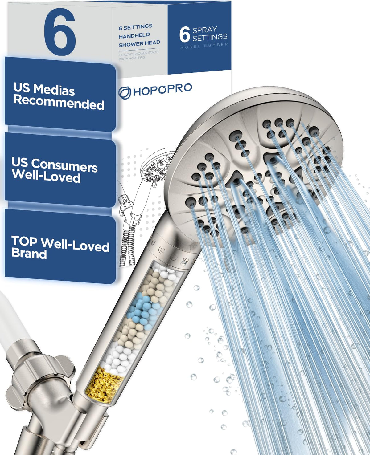 HOPOPRO 7-Setting Handheld Shower Head with Built-in Power Wash, Polished ABS Chrome, 71-Inch Stainless Steel Hose, 360 Rotatable Brass Overhead Bracket, Anti-Leakage Teflon Tape
