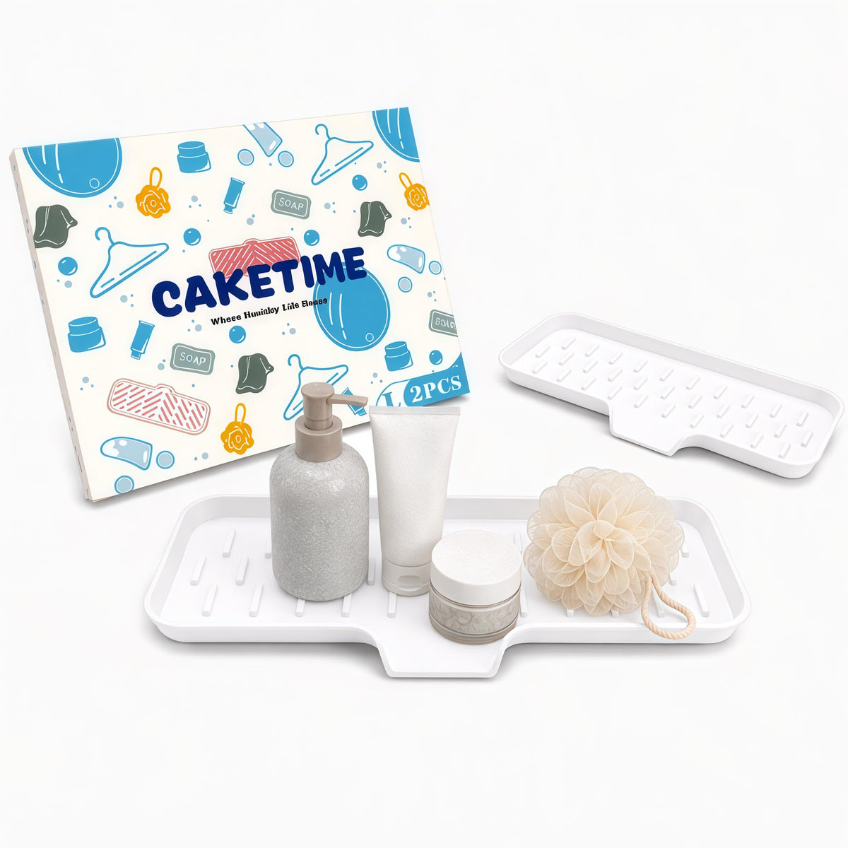 CAKETIME 2 Pack Silicone Soap Dish with Drainage Holes for Bathroom Shower Caddy Kitchen Counter Bar Sponge Holder Drying Rack Sink Organizer Essentials Apartment Home Household Must Haves 2026