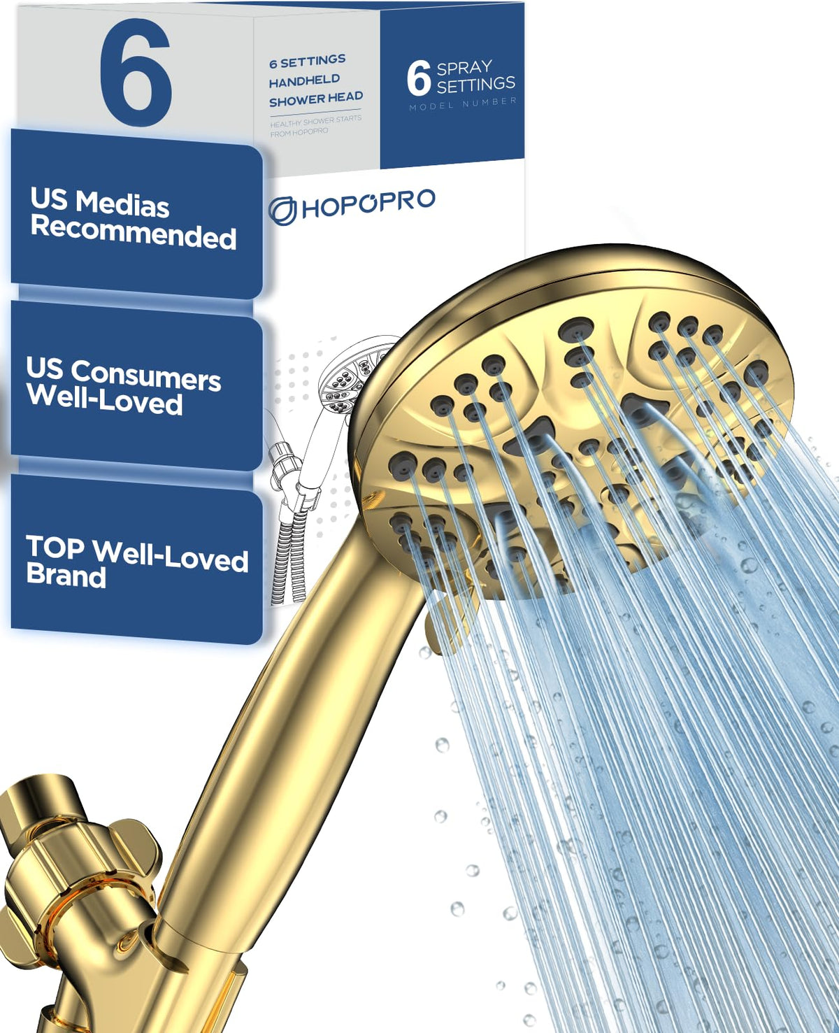 HOPOPRO 7-Setting Handheld Shower Head with Built-in Power Wash, Polished ABS Chrome, 71-Inch Stainless Steel Hose, 360 Rotatable Brass Overhead Bracket, Anti-Leakage Teflon Tape