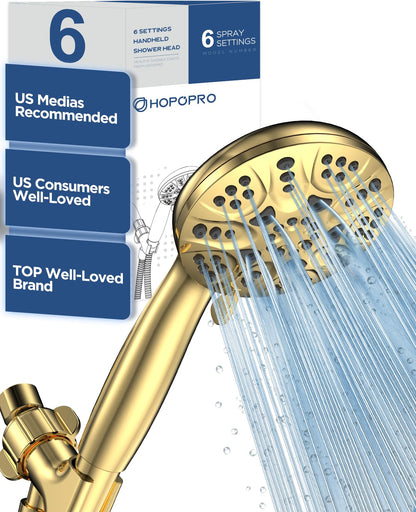 HOPOPRO 7-Setting Handheld Shower Head with Built-in Power Wash, Polished ABS Chrome, 71-Inch Stainless Steel Hose, 360 Rotatable Brass Overhead Bracket, Anti-Leakage Teflon Tape