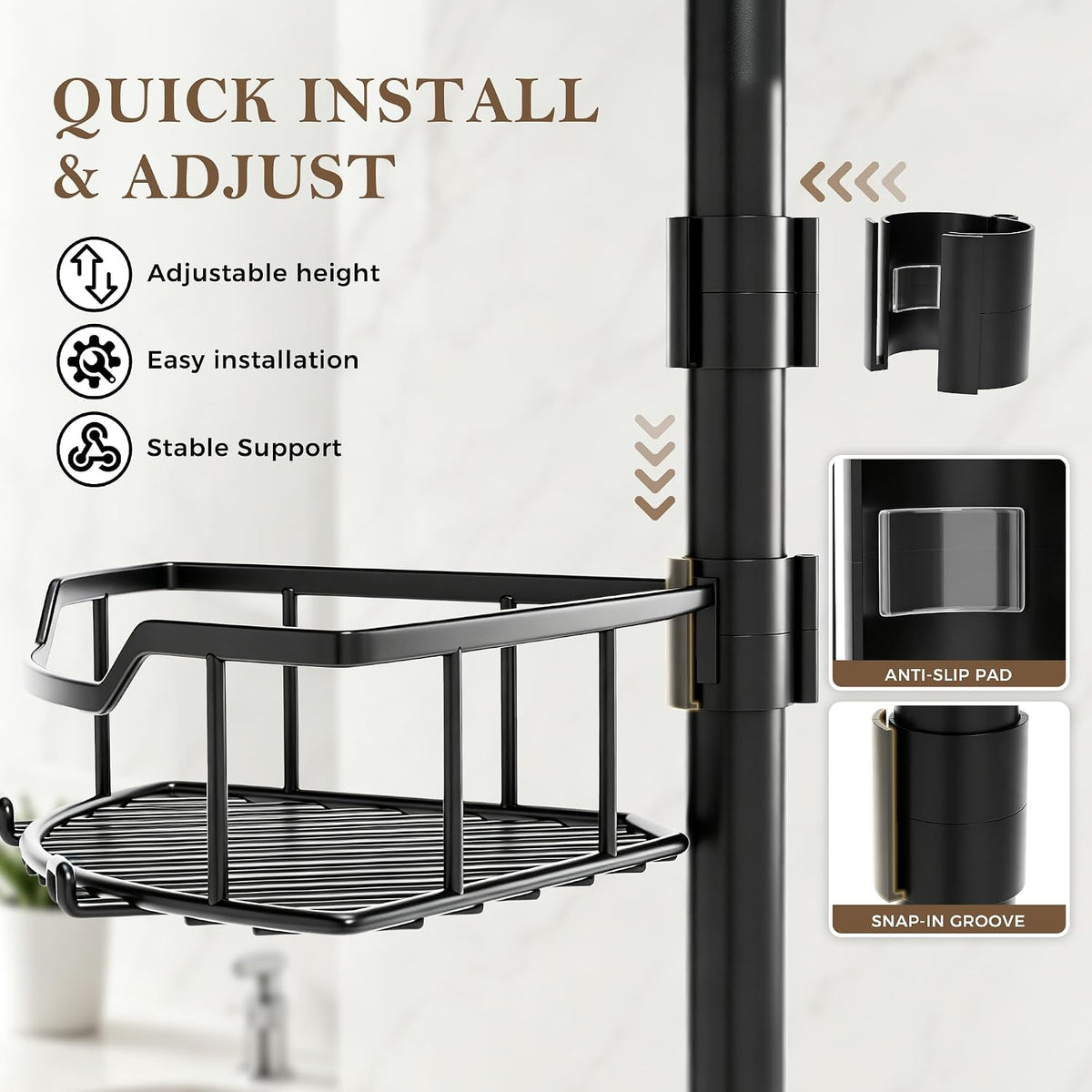 Corner Shower Caddy Tension Pole, Bathroom Organizer for Renters