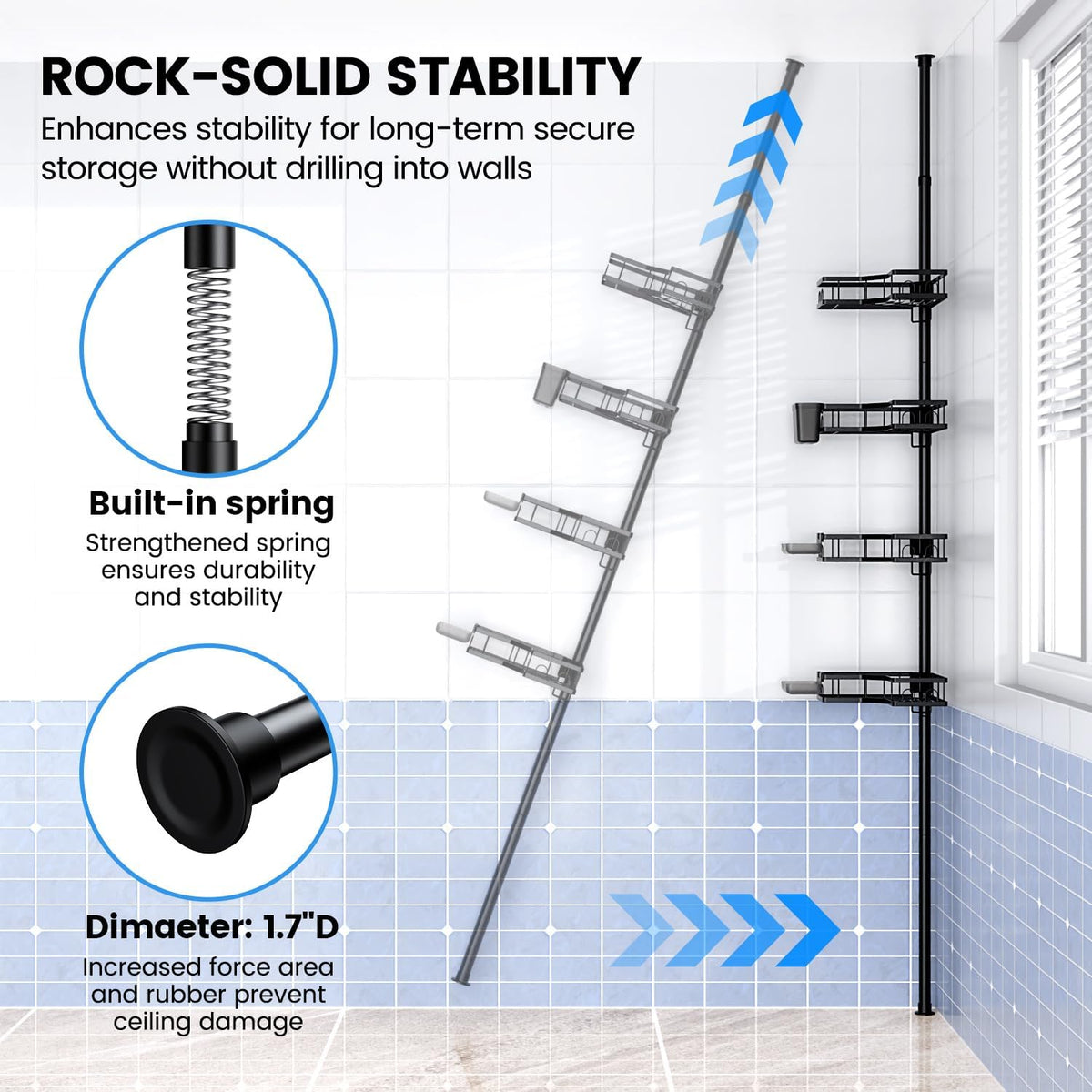 Adjustable Shower Caddy Tension Pole: Rustproof Corner Bathroom Shelves
