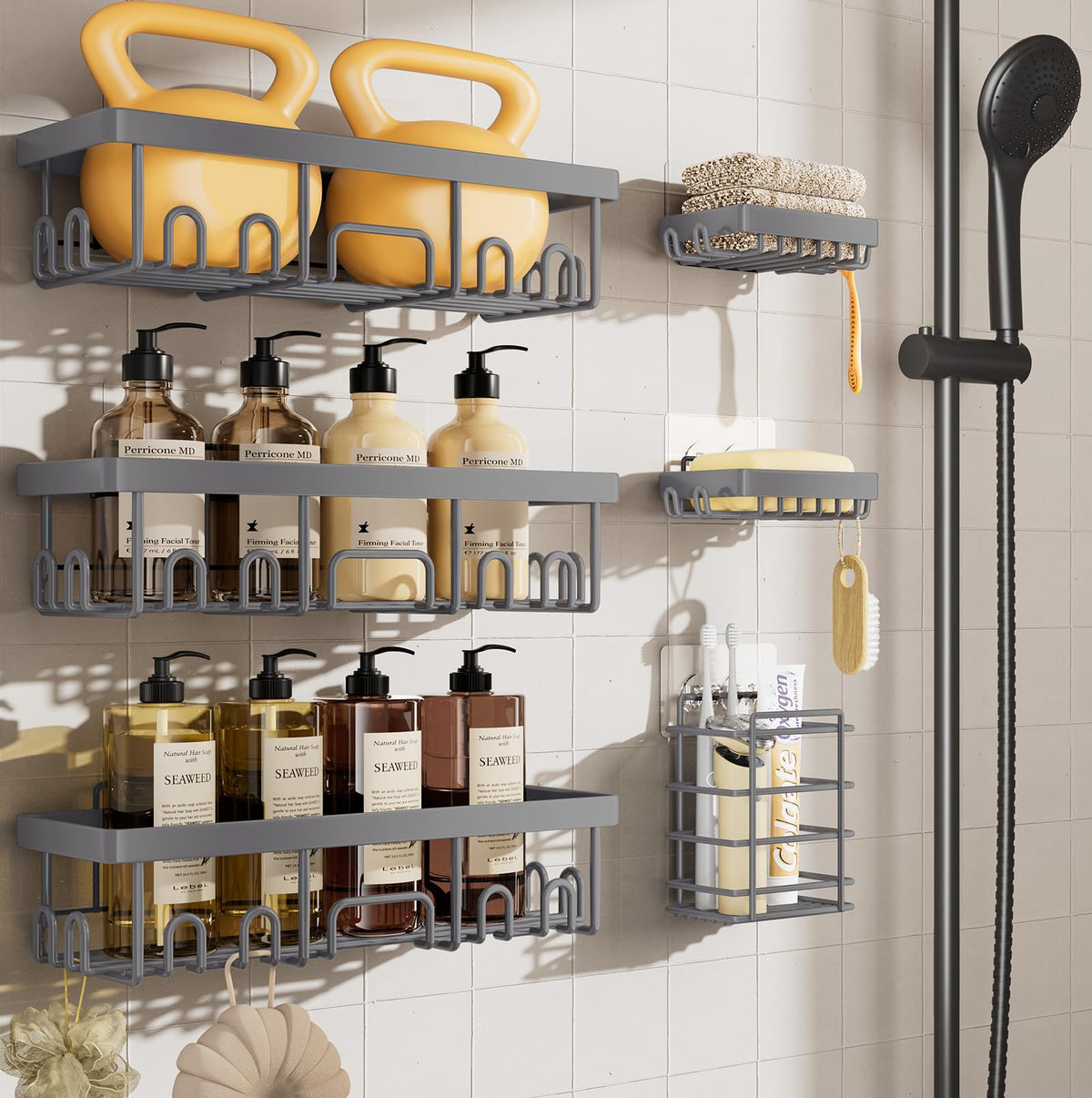 Veken Shower Caddy 6-Pack with Hooks, Bathroom Organizers & Storage, Black