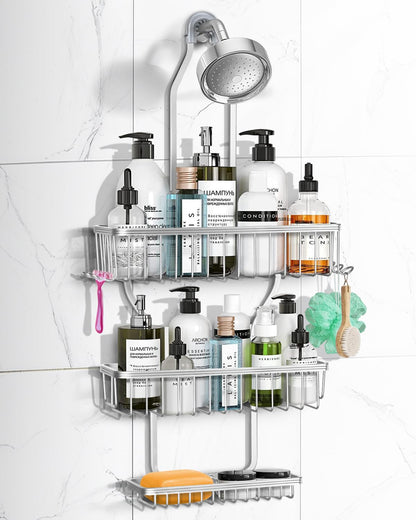Shower Caddy Hanging - Never Rust Shower Hanging Organizer - Aluminum Over the ShowerHead Caddy with Soap Basket and 6 Hooks for Razor/Sponge (Black)