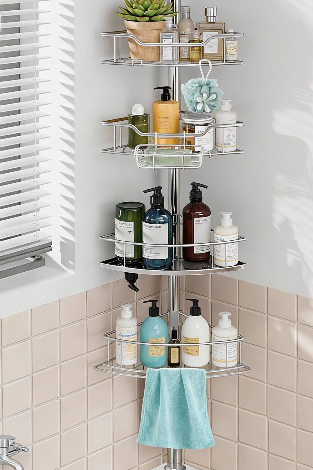 Corner Shower Caddy Tension Pole, 4 Tier Rustproof Shower Tension Rod Organizer, Adjustable 25-125 Inch Bathroom Shower Organizer Shelves for Bathtub Shampoo Storage, Black