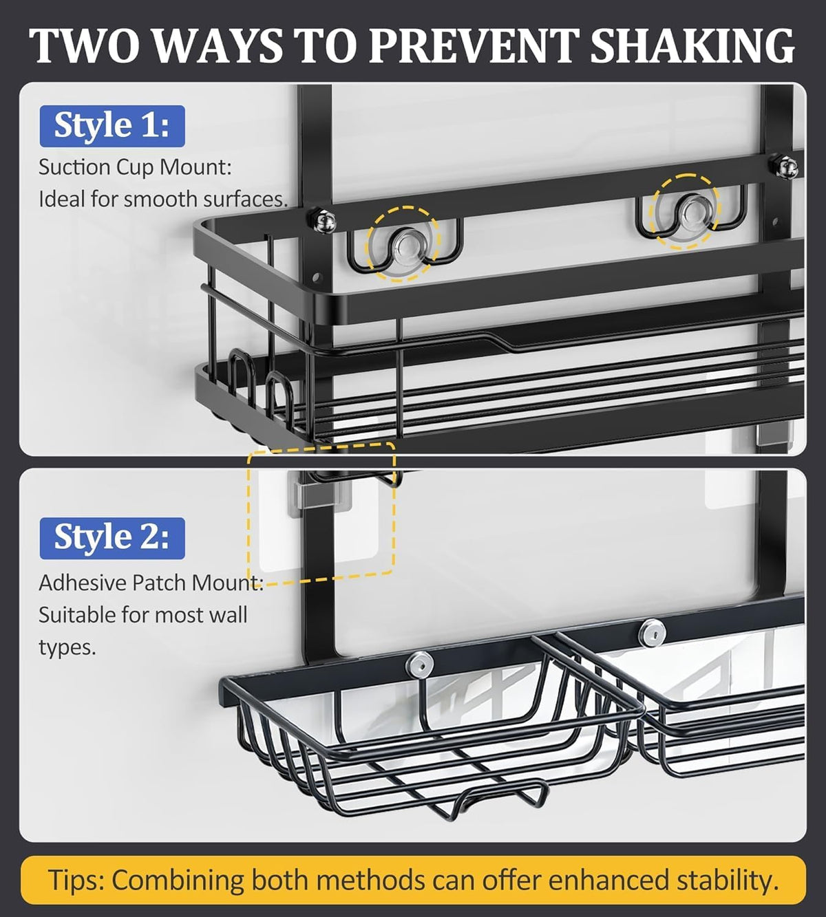 OMAIRA Shower Caddy Hanging Over the Shower Head - Rustproof Shower Organizer Hanging with Soap Scrub Holder, Non-Slip Stainless Steel Bathroom Storage Rack & Shelves, No Drilling, Black