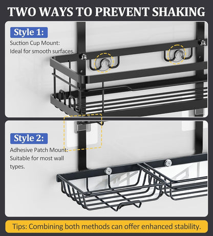 OMAIRA Shower Caddy Hanging Over the Shower Head - Rustproof Shower Organizer Hanging with Soap Scrub Holder, Non-Slip Stainless Steel Bathroom Storage Rack & Shelves, No Drilling, Black