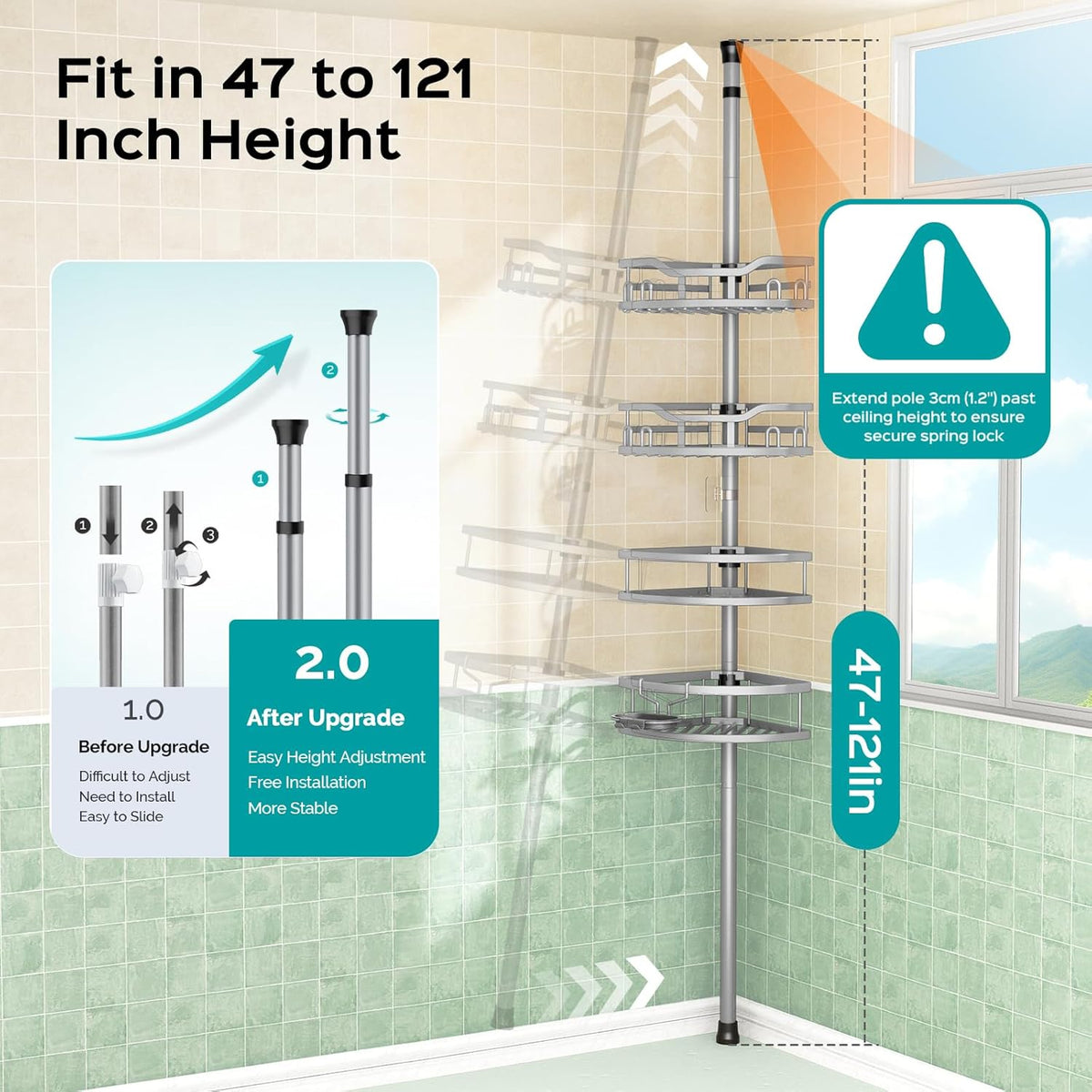 HAMITOR Corner Shower Caddy Tension Pole: Rustproof Stable 4-Tier Bathroom Organizer Shelves for Bathtub Shampoo Storage - 47-121 Inch Quick Install Adjustable Shelf with Soap Rack - Silver Gray