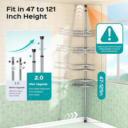 HAMITOR Corner Shower Caddy Tension Pole: Rustproof Stable 4-Tier Bathroom Organizer Shelves for Bathtub Shampoo Storage - 47-121 Inch Quick Install Adjustable Shelf with Soap Rack - Silver Gray