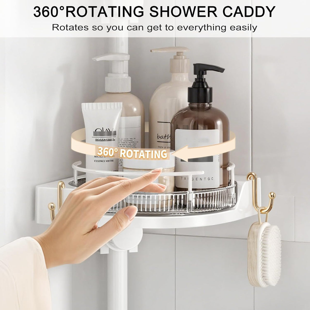 shuang qing 360° Rotating Corner Shower Caddy Tension Pole Organizer, White