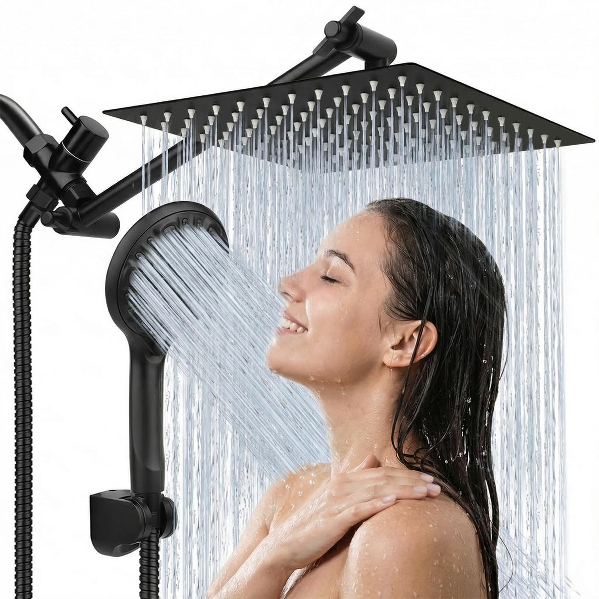 Shower Head, 8'' High Pressure Rainfall/Handheld Shower Combo, Matte Black