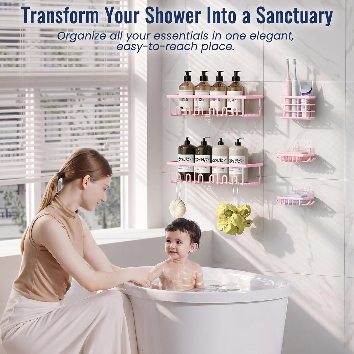 5 Pack Adhesive Bathroom Holders & Dispensers for Kids & Adults, Pink