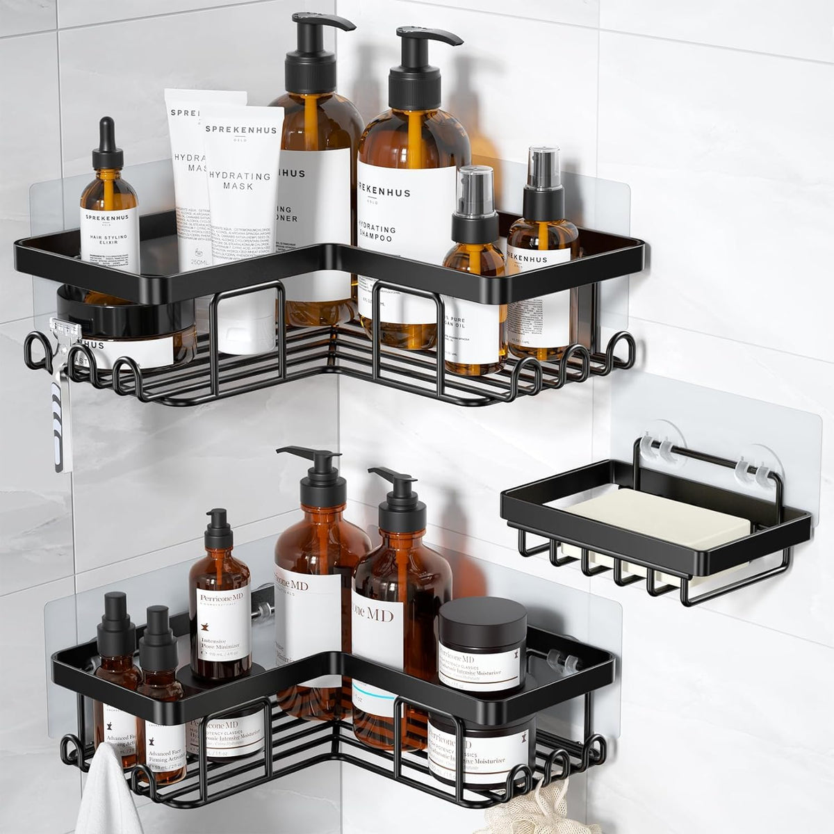 YASONIC Corner Adhesive Shower Caddy, with Soap Holder and 12 Hooks, Rustproof Stainless Steel Bathroom Organizer, No Drilling Wall Mounted Rack, Brushed Silver, 3-Pack