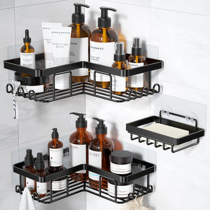YASONIC Corner Adhesive Shower Caddy, with Soap Holder and 12 Hooks, Rustproof Stainless Steel Bathroom Organizer, No Drilling Wall Mounted Rack, Brushed Silver, 3-Pack