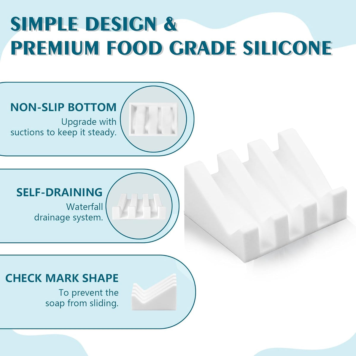 Self Draining Soap Dish Holder,Silicone Soap Dish,for Bathroom,Kitchen, Sponges，Can Extend Soap Life，Keep Soap Bars Dry and Easy Cleaning (White,1-Pack)