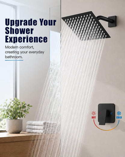 Heyalan 8 Inch Square Rain Shower Faucet Set with Valve, Matte Black