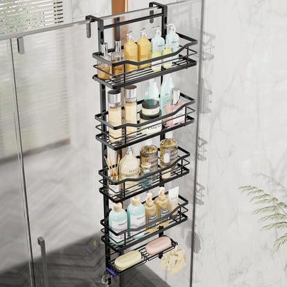 SWTYMIKI Over the Door Shower Caddy - 3 Tier Adjustable Shower Organizer Hanging with Soap Holder, No Drilling Stainless Steel Bathroom Rack Hanging for Body Wash, Shampoo, Soap, Razor, Black