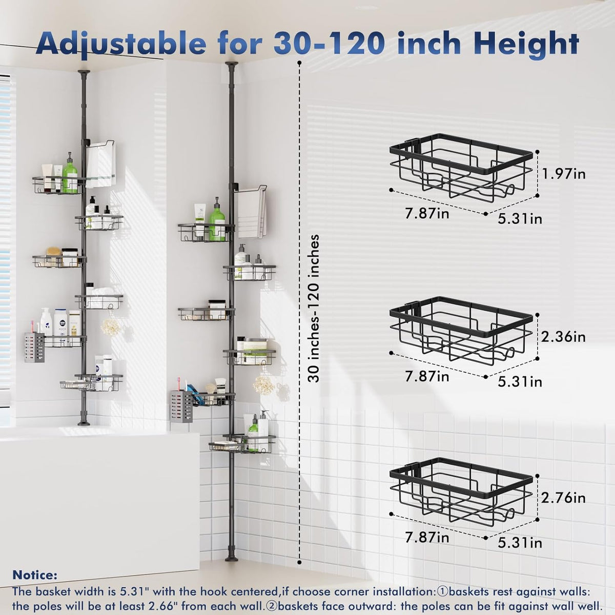 Shower Caddy Organizer Tension Pole, Corner Shower Shelves Bathroom Storage