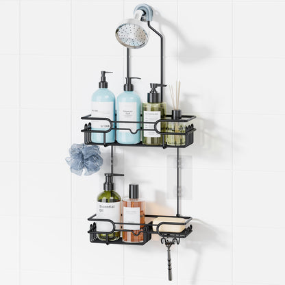 HapiRm Hanging Shower Caddy Organizer - Bathroom Organizer with 12 Hooks and Soap Holder, Rustproof Shower Shelf over Shower Head - Brushed Nickel