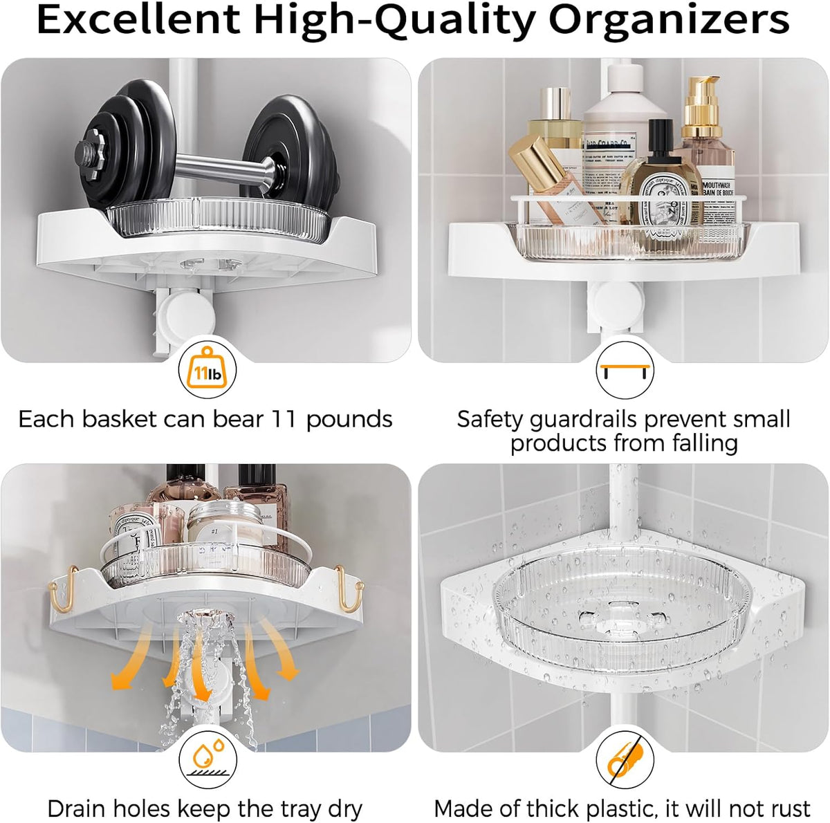 shuang qing 360° Rotating Corner Shower Caddy Tension Pole Organizer, White
