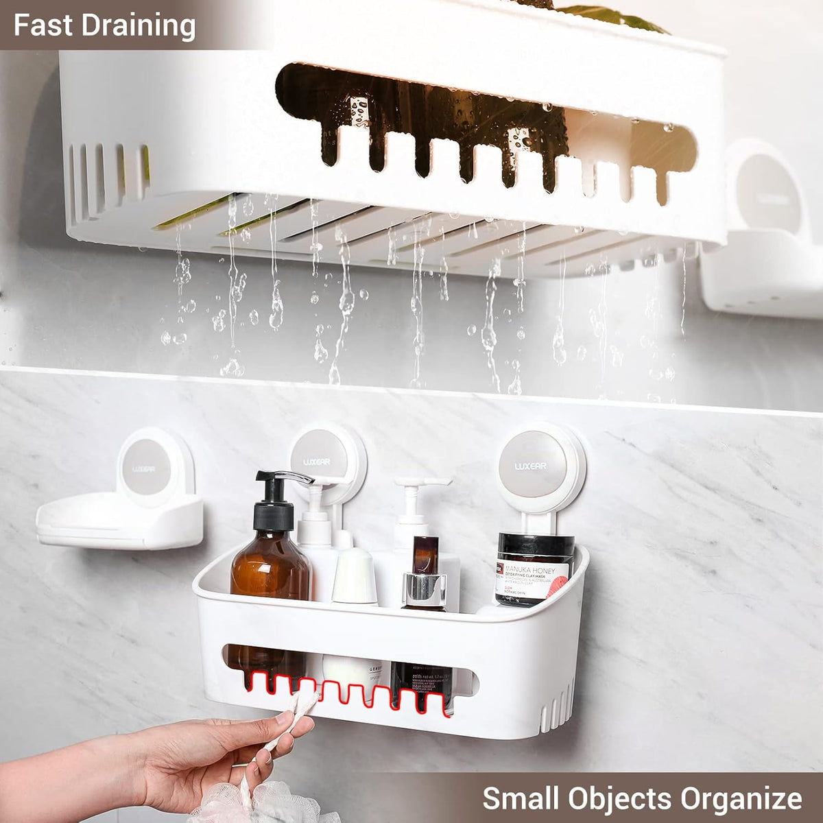 LUXEAR 4 Pack Shower Caddy Set - Suction Cup Shower Shelf+Soap Dish+Hooks - 1 Sec Installation NO-Drill Removable Powerful Waterproof Organizer for Bathroom/Kitchen/RV 22LBS Capacity Removable